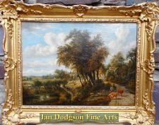 'George Vincent - A Pastoral View with Figures, Cattle and River